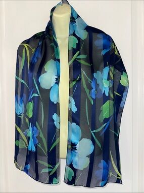 Vintage Semi Sheer Floral Blue & Green Long Silk Feel Polyester Scarf